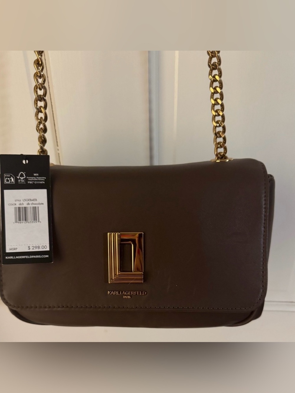 Karl Lagerfeld Chocolate Brown Leather Crossbody with Gold Chain